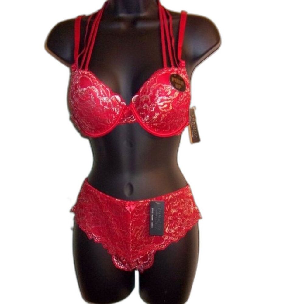Youmita 36B Chili Pepper Metallic Lace Strappy Bra & Large Hipster Set NWT